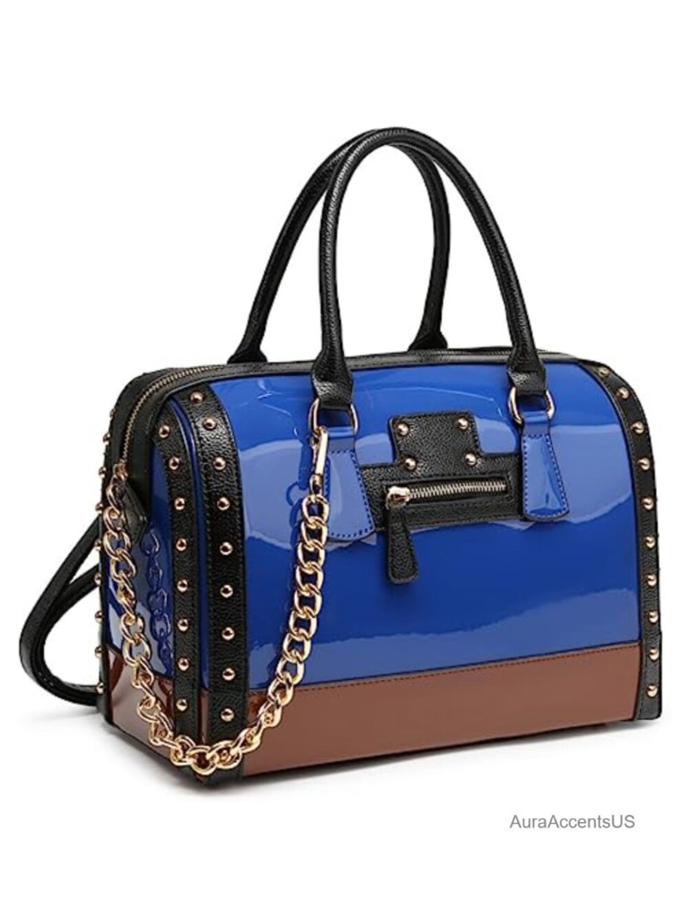 Women's Shiny Patent Faux Leather Barrel Satchel Handbag Rivet Decor Top Handle